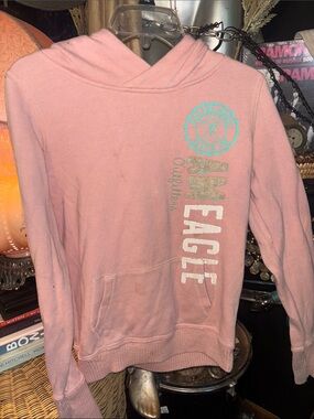 American Eagle Outfitters Pink Hooded Sweatshirt with Teal Accent - Women's